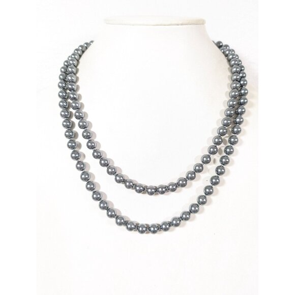Retro Gray Glass Faux Pearl Bead Neckalce Long 42" Knotted - Picture 1 of 9